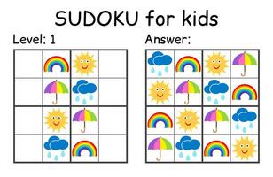 Sudoku. Kids and adult mathematical mosaic. Kids game. Weather theme. Magic square. Logic puzzle game. Digital rebus vector