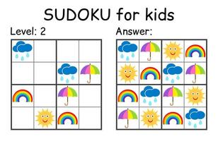 Sudoku. Kids and adult mathematical mosaic. Kids game. Weather theme. Magic square. Logic puzzle game. Digital rebus vector