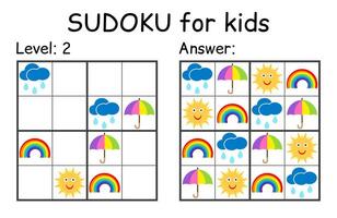 Sudoku. Kids and adult mathematical mosaic. Kids game. Weather theme. Magic square. Logic puzzle game. Digital rebus vector