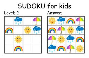 Sudoku. Kids and adult mathematical mosaic. Kids game. Weather theme. Magic square. Logic puzzle game. Digital rebus vector