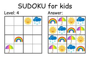 Sudoku. Kids and adult mathematical mosaic. Kids game. Weather theme. Magic square. Logic puzzle game. Digital rebus vector