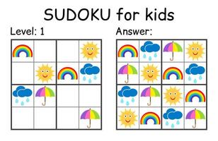 sudoku. niños y adulto matemático mosaico. niños juego. clima tema. magia cuadrado. lógica rompecabezas juego. digital jeroglífico vector