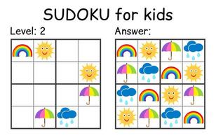 Sudoku. Kids and adult mathematical mosaic. Kids game. Weather theme. Magic square. Logic puzzle game. Digital rebus vector