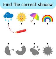 Find the correct shadow. Kids game. Educational matching game for children. Weather theme vector