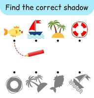 Find the correct shadow. Kids game. Educational matching game for children. Sea theme vector