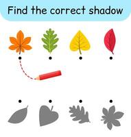 Find the correct shadow. Kids game. Educational matching game for children. Leaves theme vector