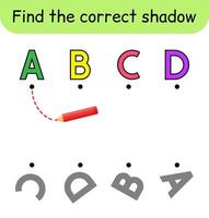 Find the correct shadow. Kids game. Educational matching game for children. Alphabet theme vector