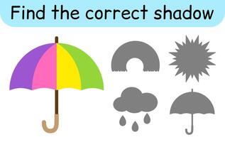 Find the correct shadow. Kids game. Educational matching game for children. Weather theme vector