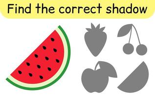 Find the correct shadow. Kids game. Educational matching game for children. Fruit theme vector