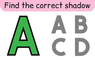 Find the correct shadow. Kids game. Educational matching game for children. Alphabet theme vector