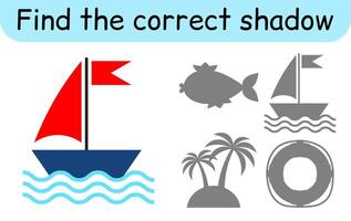 Find the correct shadow. Kids game. Educational matching game for children. Sea theme vector
