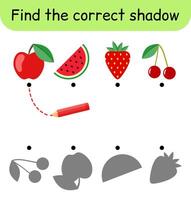 Find the correct shadow. Kids game. Educational matching game for children. Fruit theme vector