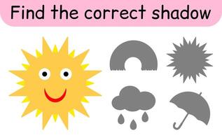 Find the correct shadow. Kids game. Educational matching game for children. Weather theme vector