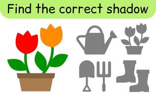 Find the correct shadow. Kids game. Educational matching game for children. Garden theme vector