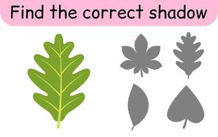 Find the correct shadow. Kids game. Educational matching game for children. Leaves theme vector