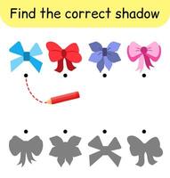 Find the correct shadow. Kids game. Educational matching game for children. Bow theme vector