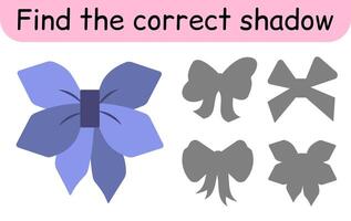 Find the correct shadow. Kids game. Educational matching game for children. Bow theme vector