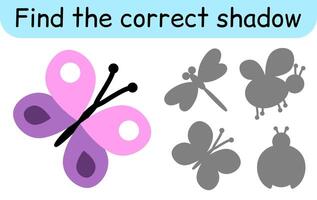 Find the correct shadow. Kids game. Educational matching game for children. Insect theme vector