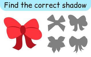 Find the correct shadow. Kids game. Educational matching game for children. Bow theme vector