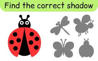 Find the correct shadow. Kids game. Educational matching game for children. Insect theme vector