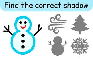 Find the correct shadow. Kids game. Educational matching game for children. Winter theme vector