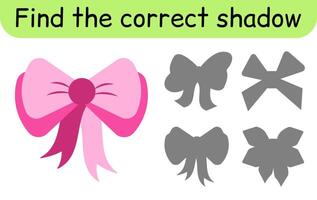 Find the correct shadow. Kids game. Educational matching game for children. Bow theme vector