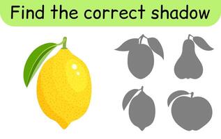 Find the correct shadow. Kids game. Educational matching game for children. Fruit theme vector