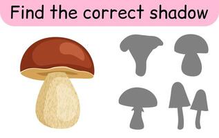 Find the correct shadow. Kids game. Educational matching game for children. Mushroom theme vector