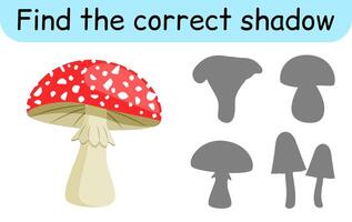 Find the correct shadow. Kids game. Educational matching game for children. Mushroom theme vector