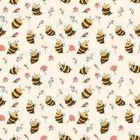 Childish seamless pattern of flying bees and flowers. Illustation for background, banner, sticker label and greeting card. Cute repeated pattern. vector