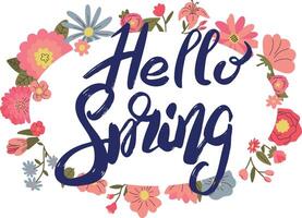 spring lettering and cute card template with hand drawn rustic flowers vector