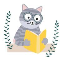 The cat is reading a book. Vector illustration in flat style