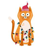 Cat and New Year's garland. Vector illustration in flat style