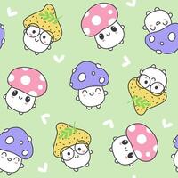 Seamless pattern of kawaii cute mushrooms on a green background. Vector children's illustration for textile, background