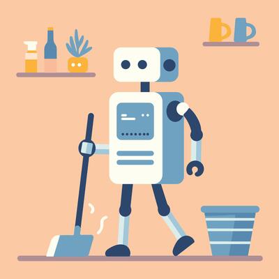 household robot cleaning house floor doing housekeeping, housework artificial intelligence technology flat vector, robotic servant helper maid caretaker cyborg work at smart modern home future process