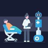 ai robot machine helping assistance doctor and nurse with patient diagnostic advanced technology surgery on hospital medical room cartoon flat character, innovation for human health medicine banner vector