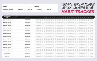 30 days activity habit tracker, 1 month weight lose challenge daily tracking template diary journal planner table bullets and time vector design fitness fat gain goal list printable page horizontal