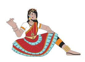 mujer bailarín bharatanatyam en deepavali línea dibujos animados plano ilustración. diwali bailarín hembra indio 2d arte lineal personaje aislado en blanco antecedentes. Adoración de lakshmi escena vector color imagen