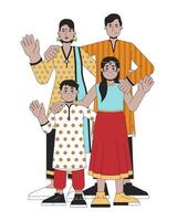 Indian family wearing traditional clothing line cartoon flat illustration. Deepavali parents kids 2D lineart characters isolated on white background. Diwali celebration scene vector color image