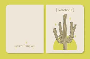 Cover page design for notebook in minimalist style. Cactus wild west night and moon desert beige illustration. vector