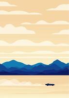 Landscape with car in the desert with mountains and clouds. Highway and a passing car aesthetic illustration. vector