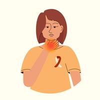 Sad woman with thyroid gland disease. Throat cancer illustration female character. vector