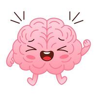 Cute pink brain character with closed eyes and raised hand on white background. Flat style cartoon brain character design. Vector mascot illustration human organ icon design