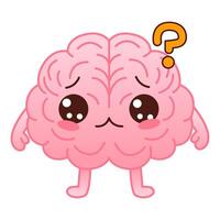 Cute pink colored brain character and question mark on a white background. Flat style cartoon brain character design. Vector mascot illustration human organ icon design