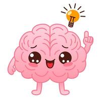 Cute pink colored brain character and light bulb on a white background. Flat style cartoon brain character design. Vector mascot illustration human organ icon design