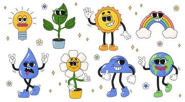 Set of various eco characters in groovy retro style. Earth Day ellements in trendy cartoon style. Funny vector mascot of planet Earth, flower, sun, cloud, drop of water, rainbow, leaf, light bulb.