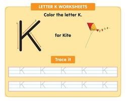 alphabet tracing worksheet with capital letter K vector