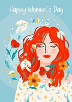 Illustration with woman, flowers and birds. Vector design concept for International Women s Day and other use