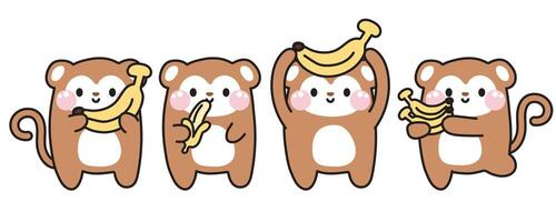 Set of cute monkey with banana in various poses on white background.Wild animal character cartoon design collection.Isolated.Kawaii.Vector.Illustration. vector