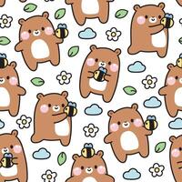 Seamless pattern of cute teddy bear with bee in various poses on white background.Wild animal character cartoon design.Kid graphic.Leaf,flower,cloud hand drawn.Kawaii.Vector.Illustration vector